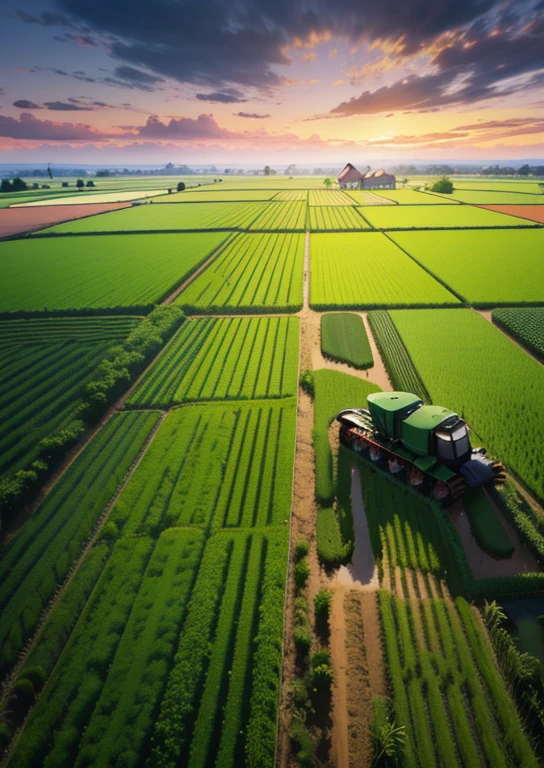 Farm with tractor, Sunset, rice framing , Huge farm, tactor details, with some clouds