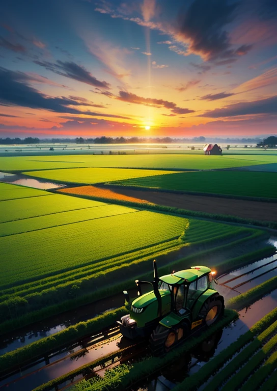 Farm with tractor, Sunset, rice framing , Huge farm, tactor details, with some clouds