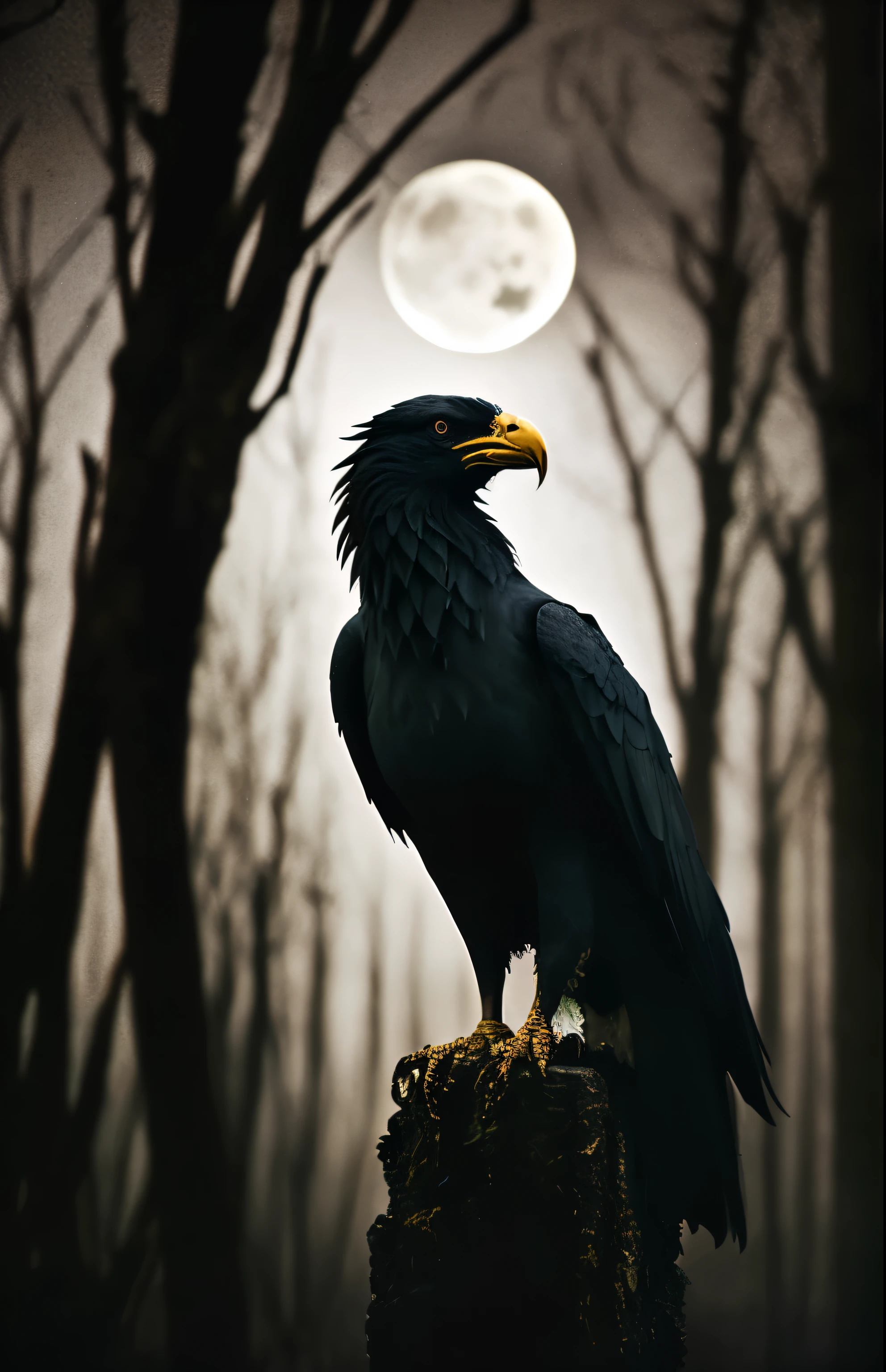 Style-NebMagic, award winning photo, A black eagle sitting on a branch, feathers, evil, sinister, red eye, intricate, detailed feathers, forest background, wildlife photography, by lee jeffries nikon d850 film stock photograph 4 kodak portra 400 camera f1.6 lens rich colors hyper realistic lifelike texture dramatic lighting trending on artstation cinestill 800, Style-LostTemple, deep shadow, high contrast, dark, full moon