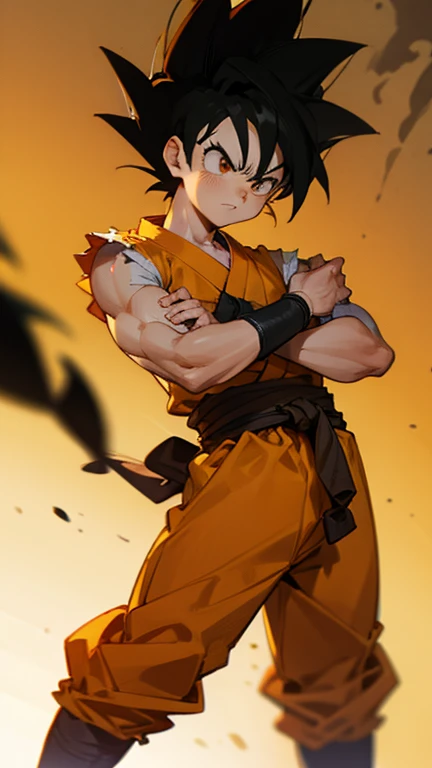 son Goku,Goku face,black orange kimono,hand cross,fuzzy background,angry expression,cartoon,rope tied on his waist, masterpiece,8k resolution , muscular