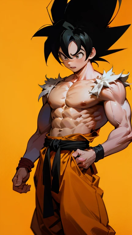 son Goku,Goku face,black orange kimono,hand cross,fuzzy background,angry expression,cartoon,rope tied on his waist, masterpiece,8k resolution , muscular