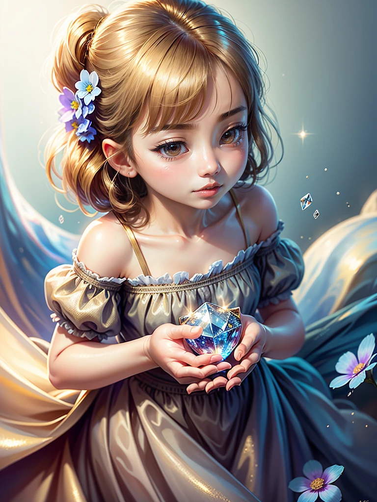 masterpiece、highest quality、(1 girl)、(solo)、portrait photography、looking at the camera、(Crystal clear skin texture、hyper realism、Gold Light、sharp:1.2)、Sparkling、BREAK、forget-me-not、Blue light、bloom、Sparkling