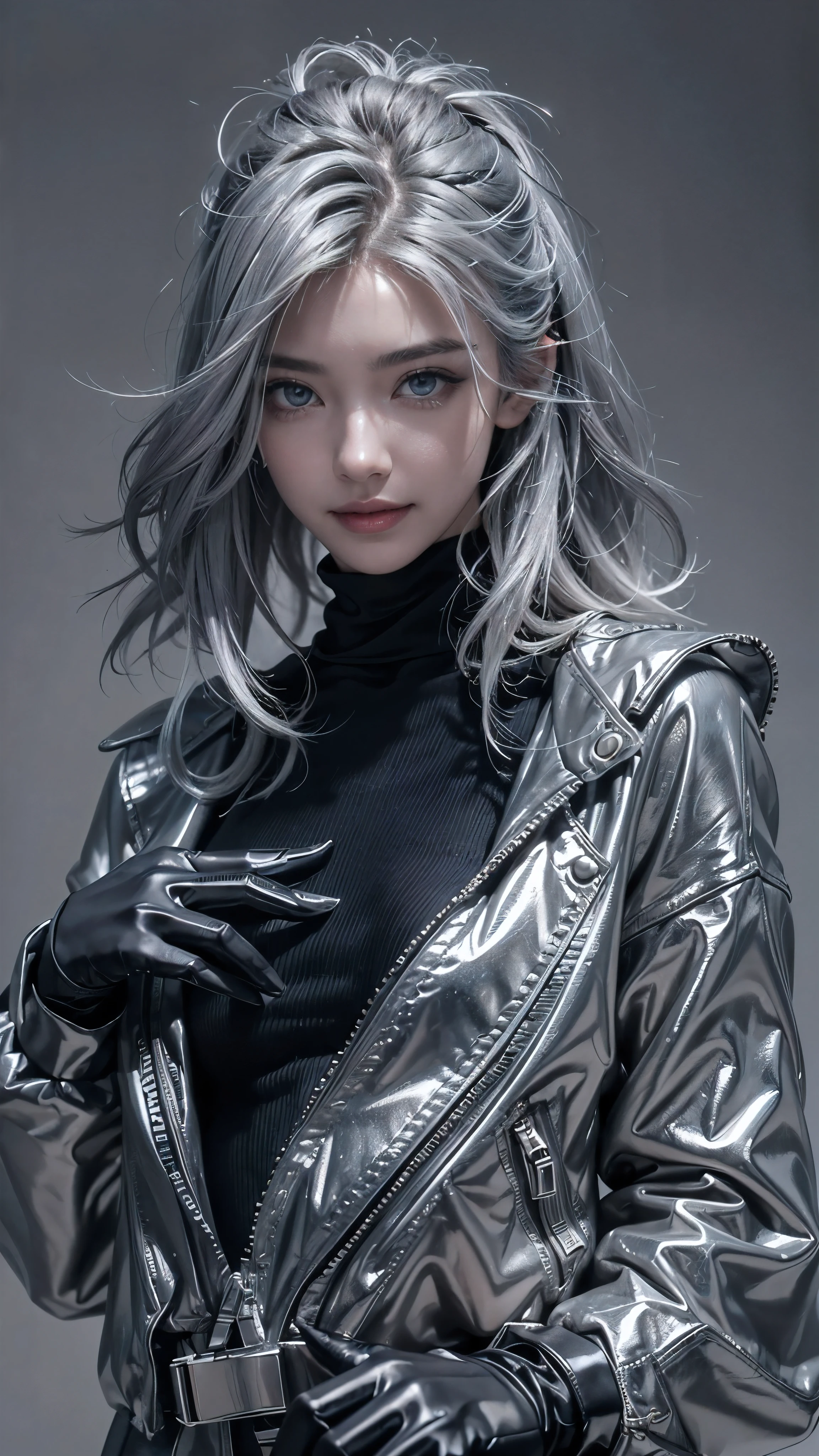(Realistic:1.2), (fashion portrait:1.6), (brand collection, fashion brand theme:1.6), (detailed, beautiful, masterpiece, best quality:1.2), _ BREAK (1girl:1.2), 22 years old, 160 cm, Japanese cute model, Tightened all body, medium Breasts, small head, small face, diamond Face, small nose, Sharp Faceline, Detailed face, Detailed eyes, young hands and fingers, beautiful hands and fingers, five fingers, _ BREAK (happy, smile, Glossy Lips:1.3), (Light color lips, Half open mouth, beautiful Teeth:1.2), (dropy eyes, Double eyelid, light color eyes, Shiny eyes:1.5), Shiny skin, _ BREAK (arranged hairstyle:1.4), (gray hair, shiny hair, _ BREAK (gray background:1.4), mist, fog , Natural white lightning, _ BREAK (wide angle:1.4), (standing, fashion model pose:1.2), focus face, from below, BREAK (Cyberpunk and wool fusion:1.3), ((wear an oversized black wool turtleneck with rubberized surface) for a luxurious, futuristic, bodysuit, High legs, nylon, and Breaker feel:1.2), (Wear an oversized nylon black outerwear over a bodysuit:1.2), (large sleeves:1.2), (3/4 length:1.2), (simple yet cyberpunk-themed design:1.3), BREAK (black and White theme:1.3), (Low rise short pants with a black subtle reflective pattern:1.2), BREAK (White and black horizontal stripes SOCKS:1.2), (Zettai Ryouiki:1.2),(super Thick sole technical High Sneaker with sleek metal details:1.3), (edgy and versatile:1.2),(Long drooping silver pierce:1.2),