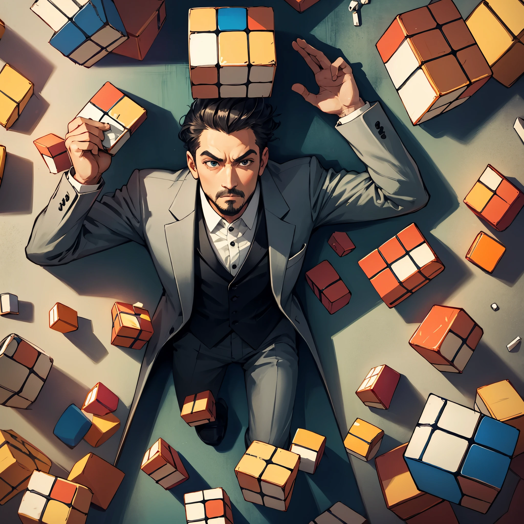 Anthro, man in a tuxedo, man head is a Rubik's Cube, Rubik's Cube head, abnormal head,