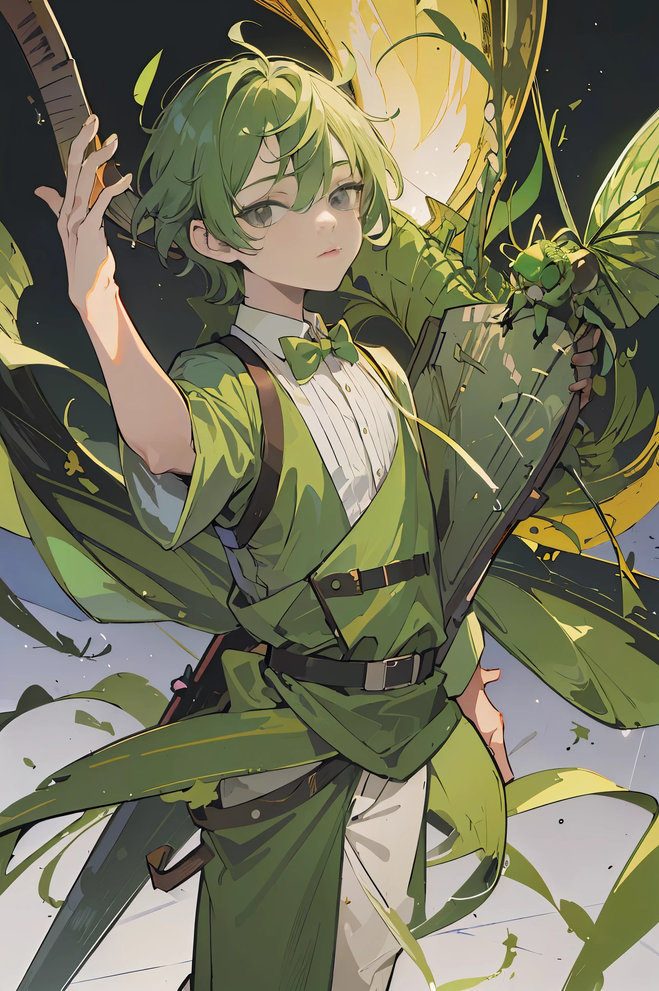 (masterpiece、highest quality、official art:1.2)、view audience、(boy dressed as a grasshopper))、（Showing off the grasshopper costume，flat chest，colorless hair）（play with lots of grasshoppers）（background lights），real、(2D:1.5)