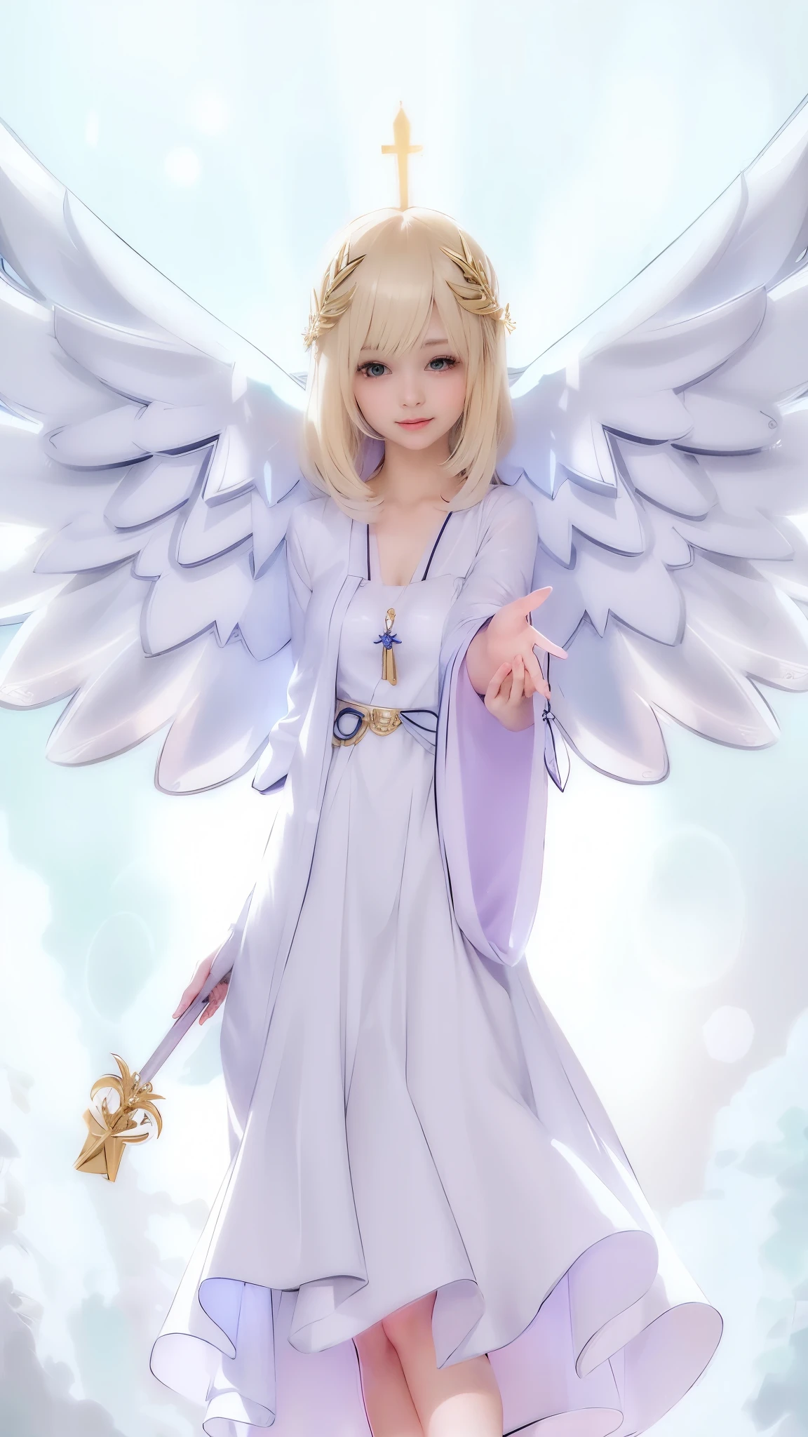 anime - style image of a girl dressed as an angel holding a wand, angelical, angelic halo, full - body majestic angel, With Perfect Big Smile, cute face, Blue eyes, angelic, possibly an angel, angelic purity, angel girl, beautiful angel, of an beautiful angel girl, an angel of the dawn light, glowing angelic being, wearing angel halo, angel themed, tall female angel, wearing angel, anime goddess