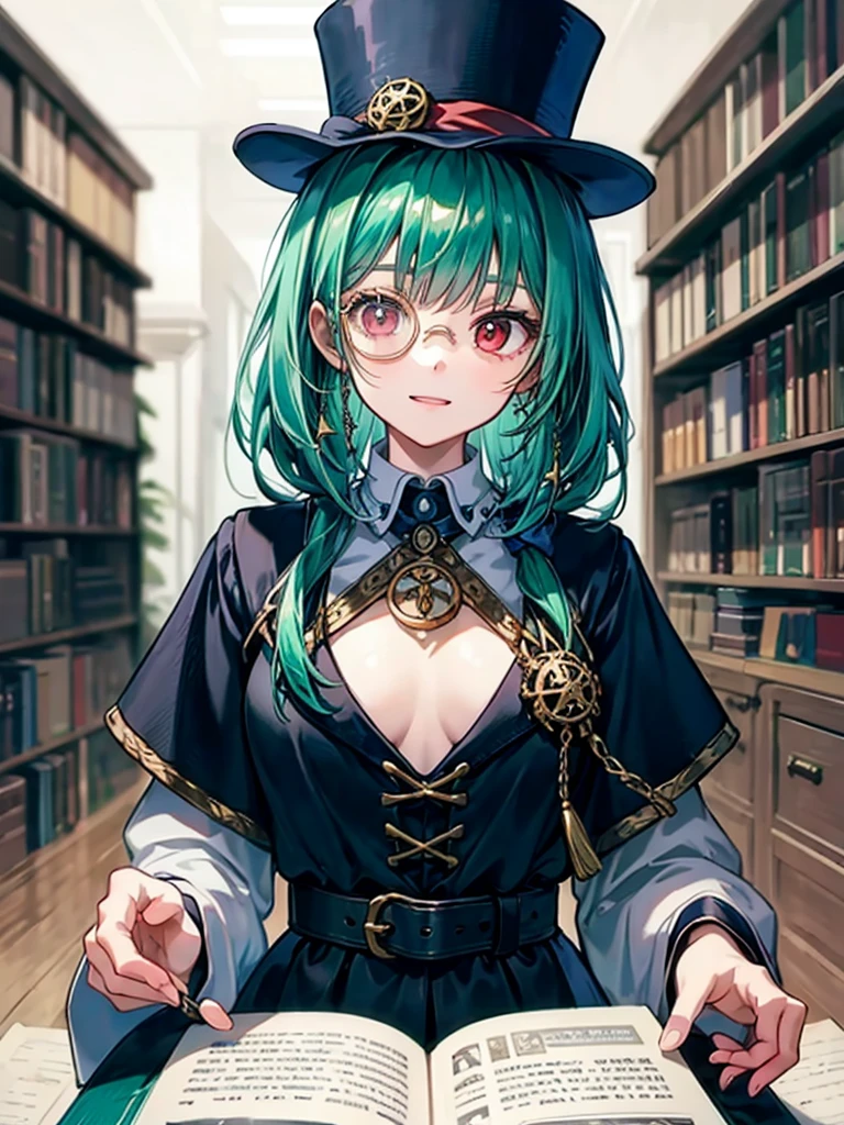 （（（masterpiece、Highest image quality、highest quality、highly detailed unity 8ｋwallpaper）））、（（Illustration of one girl、upper body））、（（（beautiful girl）））、（librarian）、（Emerald green hair、messy hair、sidelocks：1.2、red eyes、crazy smile）、（（（flat chest）））、（（（monocle）））、pocket watch、（（（Black top hat、Black tuxedo、belt）））、great medieval library、Large amount of books