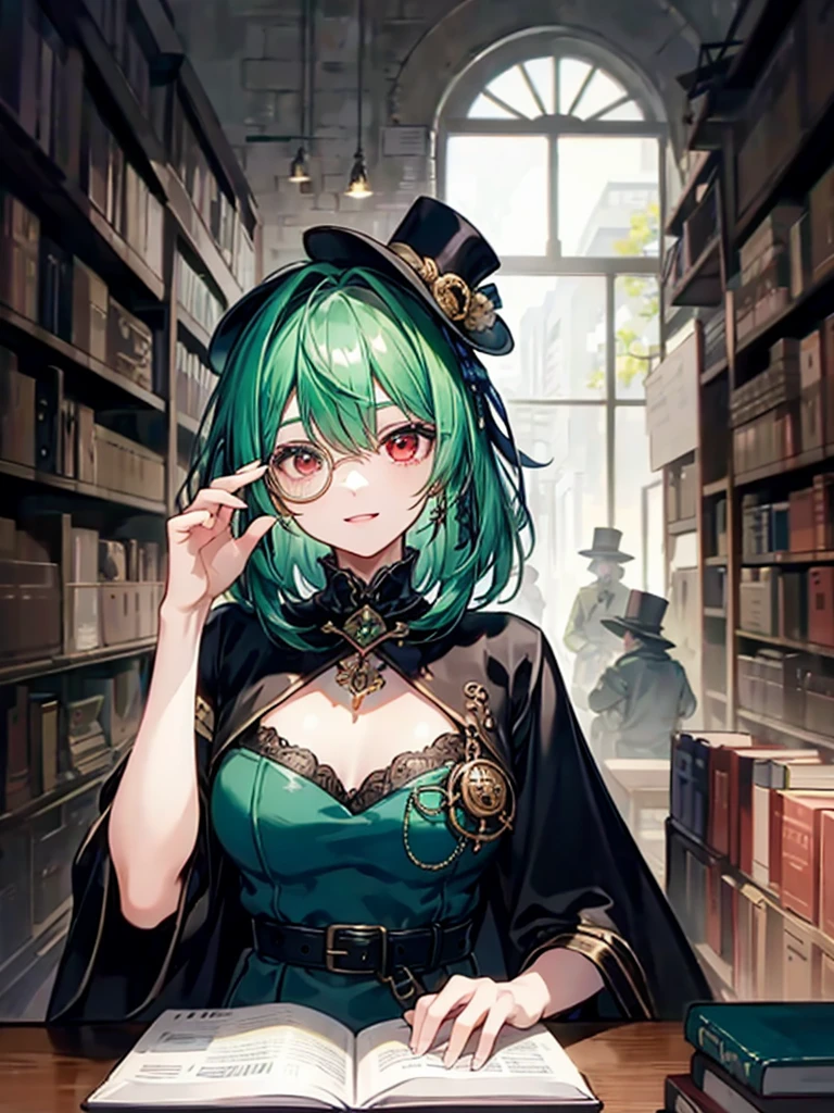 (((masterpiece、Highest image quality、highest quality、highly detailed unity 8kwallpaper)))、((Illustration of one girl、upper body))、(((beautiful girl)))、(librarian)、(Emerald green hair、messy hair、sidelocks:1.2、red eyes、crazy smile)、(((flat chest)))、(((monocle)))、pocket watch、(((Black top hat、Black tuxedo、belt)))、great medieval library、Large amount of books