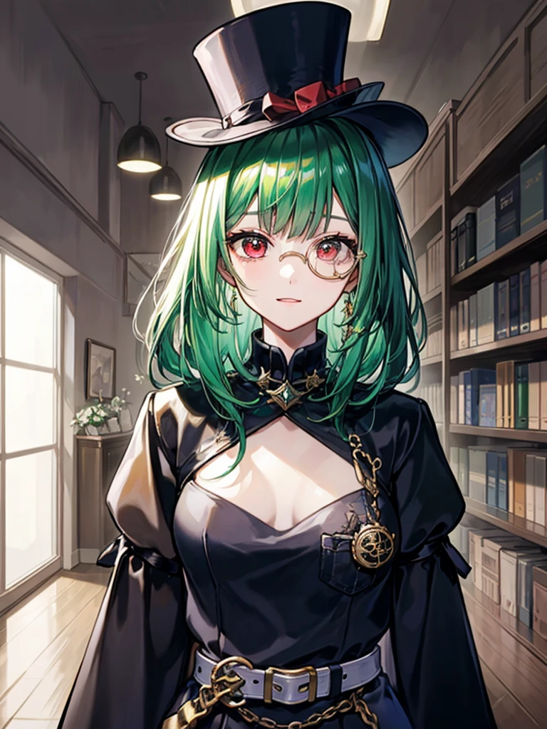 (((masterpiece、Highest image quality、highest quality、highly detailed unity 8kwallpaper)))、((Illustration of one girl、upper body))、(((beautiful girl)))、(librarian)、(Emerald green hair、messy hair、sidelocks:1.2、red eyes、crazy smile)、(((flat chest)))、(((monocle)))、pocket watch、(((Black top hat、Black tuxedo、belt)))、great medieval library、Large amount of books