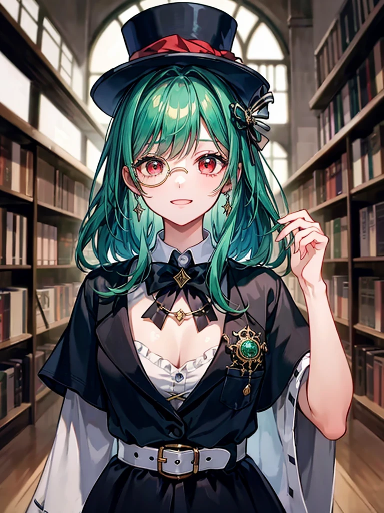 (((masterpiece、Highest image quality、highest quality、highly detailed unity 8kwallpaper)))、((Illustration of one girl、upper body))、(((beautiful girl)))、(librarian)、(Emerald green hair、messy hair、sidelocks:1.2、red eyes、crazy smile)、(((flat chest)))、(((monocle)))、pocket watch、(((Black top hat、Black tuxedo、belt)))、great medieval library、Large amount of books