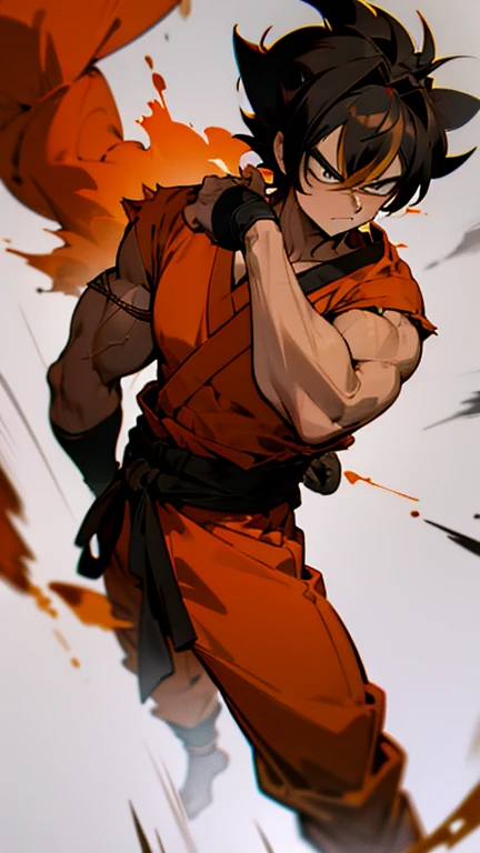 son Goku,Goku face,black orange kimono,hand cross,fuzzy background,angry expression,cartoon,rope tied on his waist, masterpiece,8k resolution , muscular