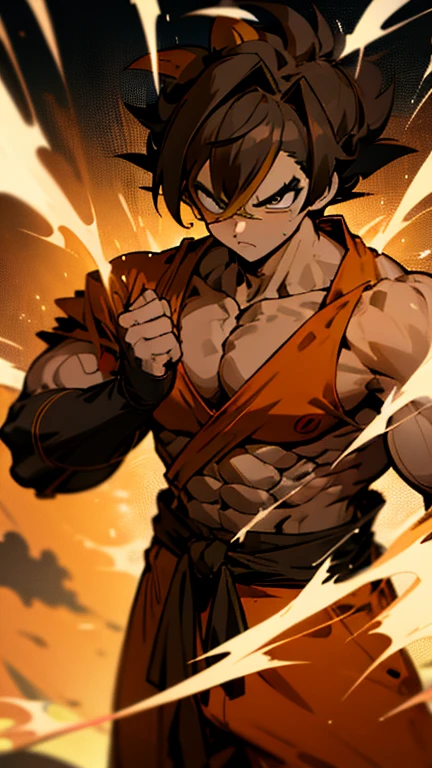 son Goku,Goku face,black orange kimono,hand cross,fuzzy background,angry expression,cartoon,rope tied on his waist, masterpiece,8k resolution , muscular