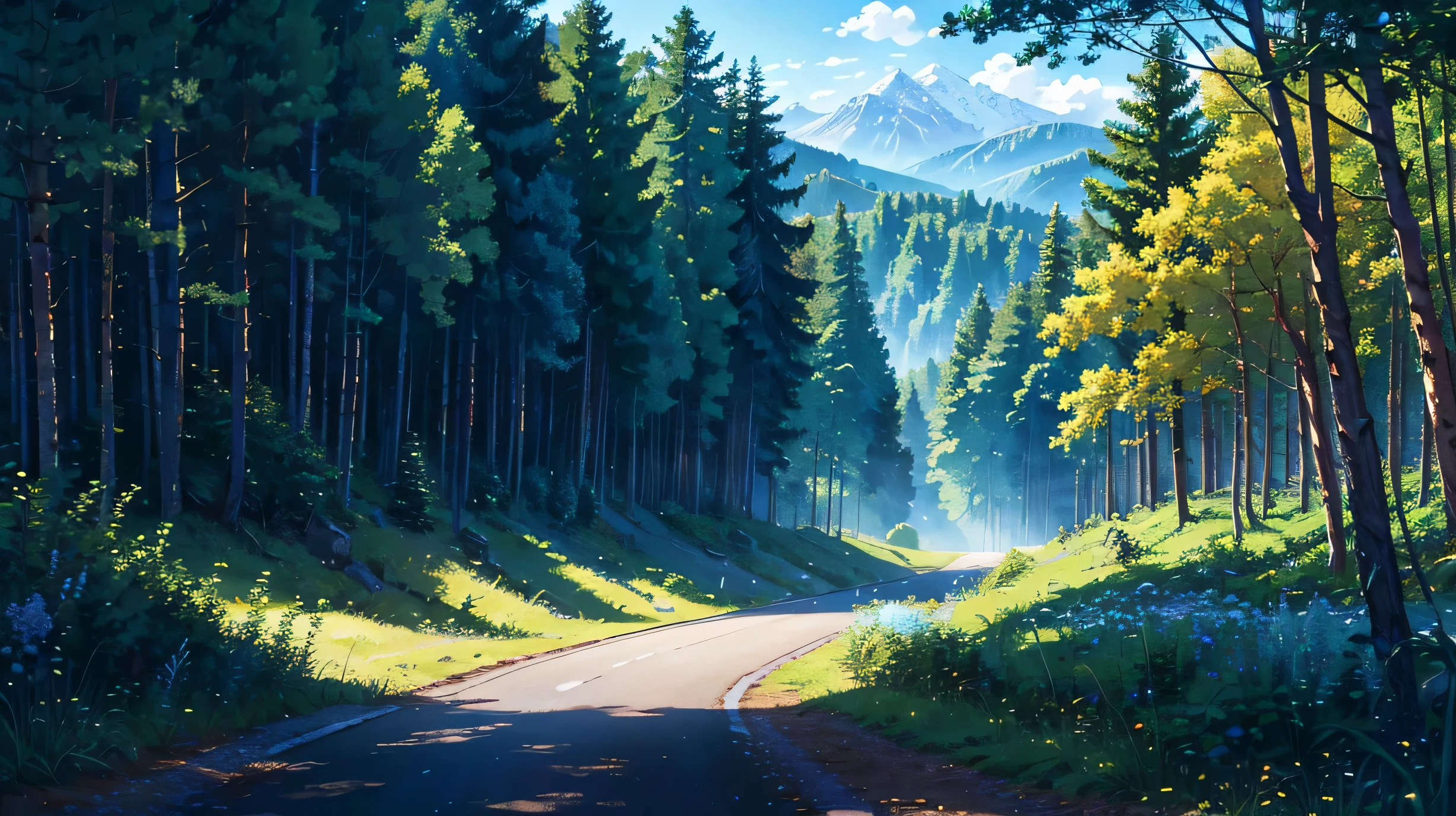High resolution,High resolution,high quality,landscape,realistic,blue sky,Pass Road,in the forest