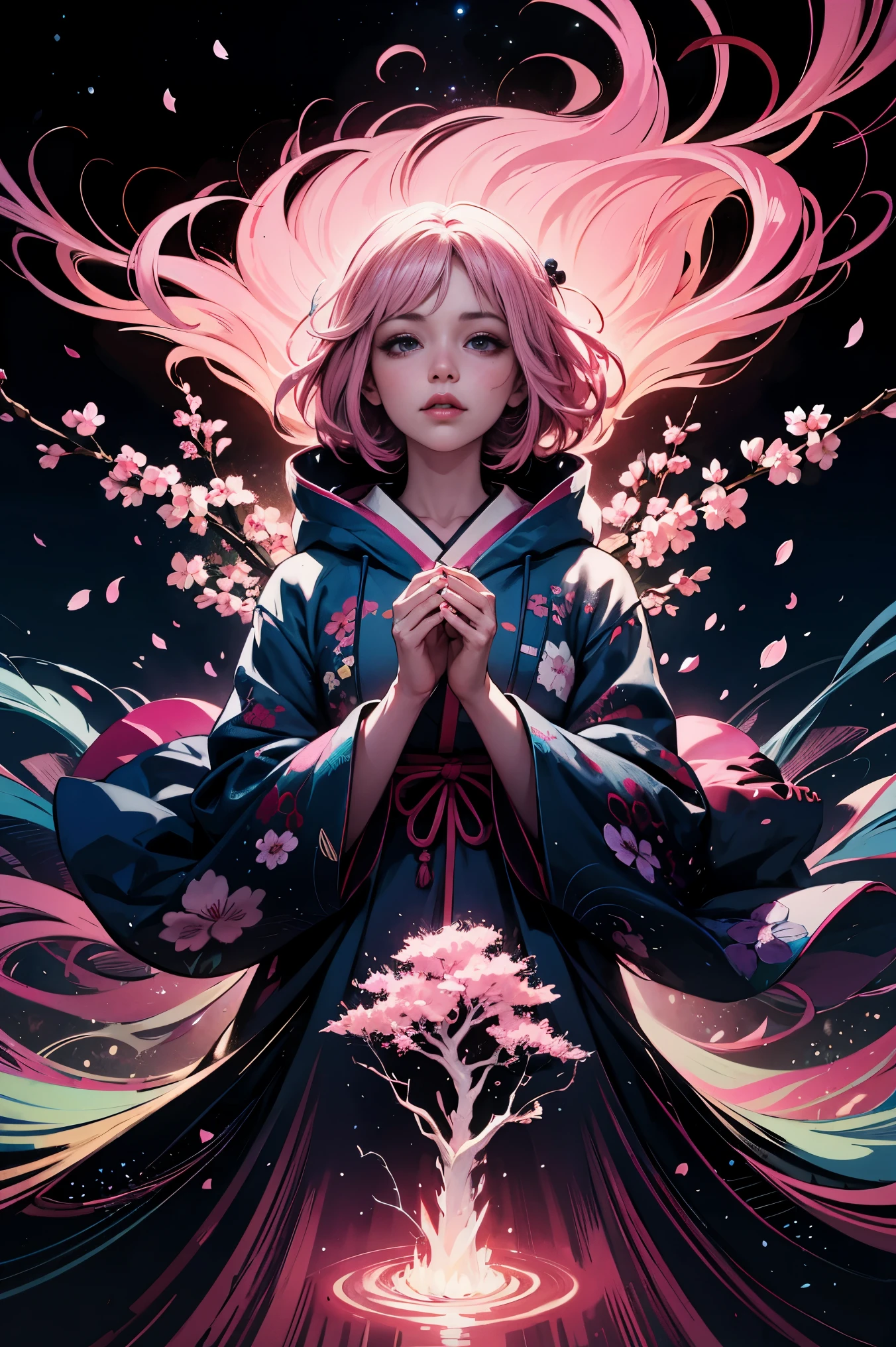 1girl,(pink_hair:1.1),(zentangle, mandala, tangle, entangle:0.6),(fractal art),the most beautiful form of chaos,brutalist designed, the most beautiful and highly detailed Harajuku-inspired hooded kimono, cherry blossoms blowing in the wind, enchanted, aesthetic, psychedelic, atmospheric, cosmic