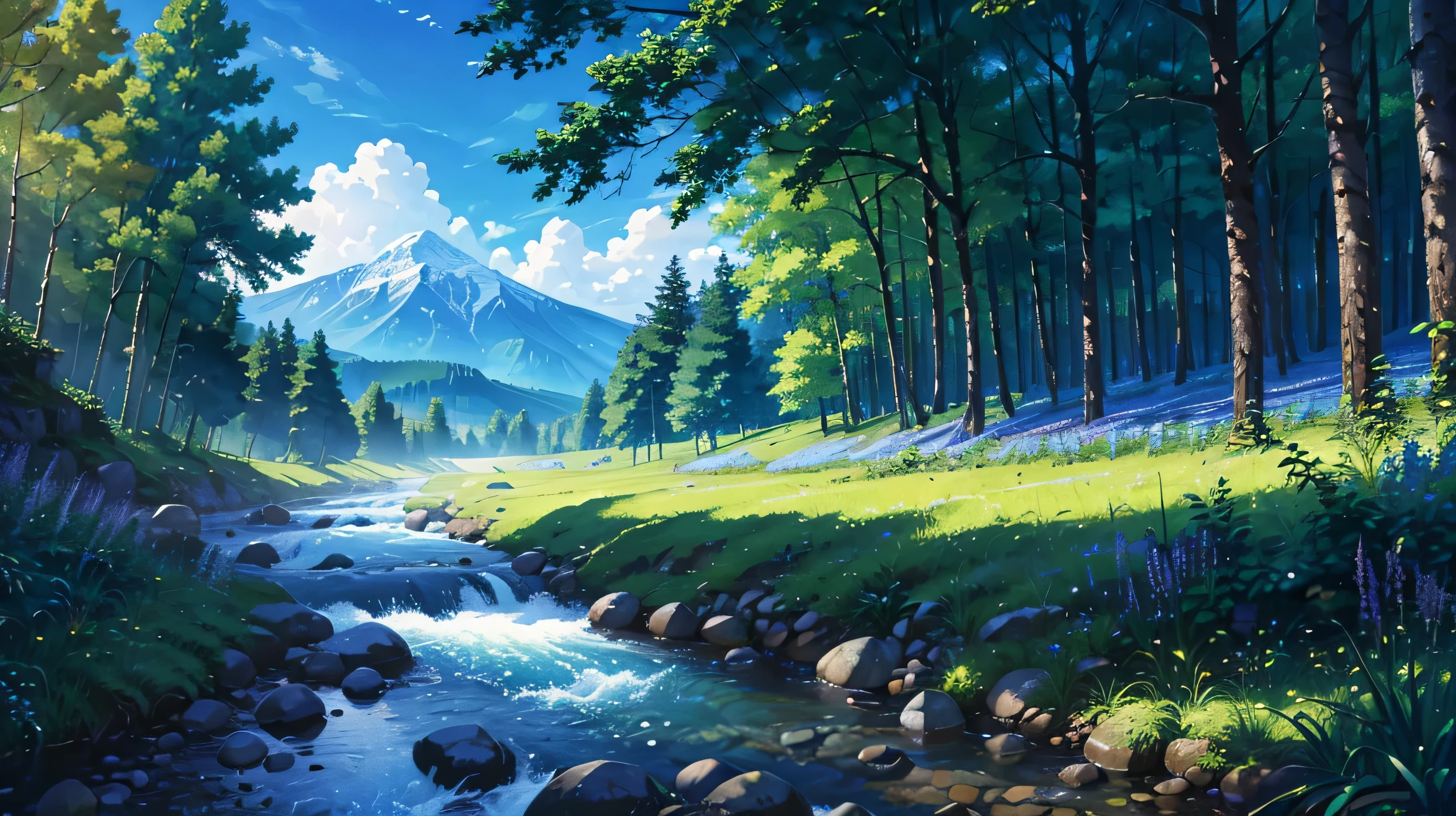 Stream High Resioltion Painting of a stream running through a lush green forest filled with ...