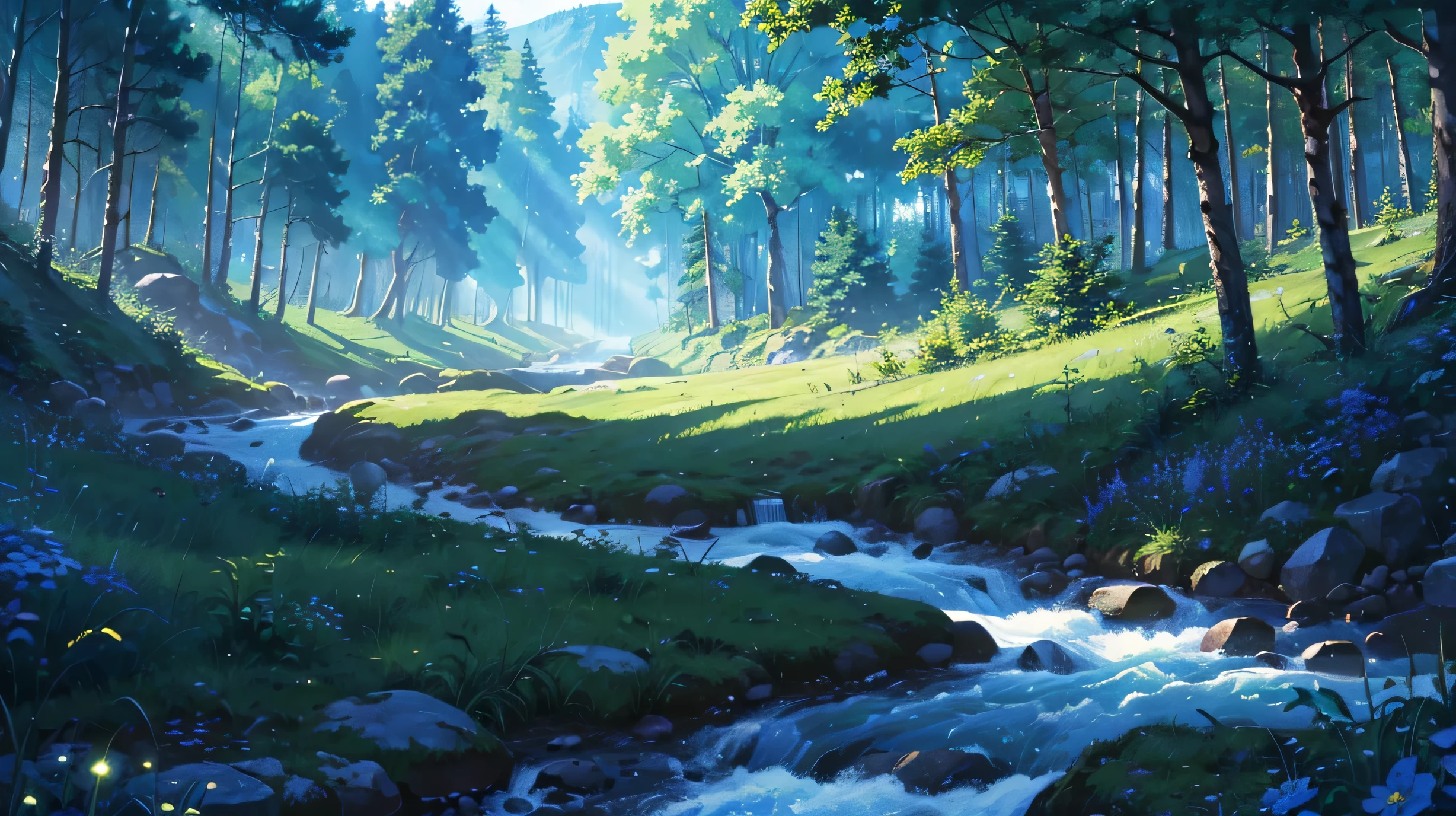 High resolution,High resolution,high quality,landscape,realistic,blue sky,Pass Road,in the forest,stream