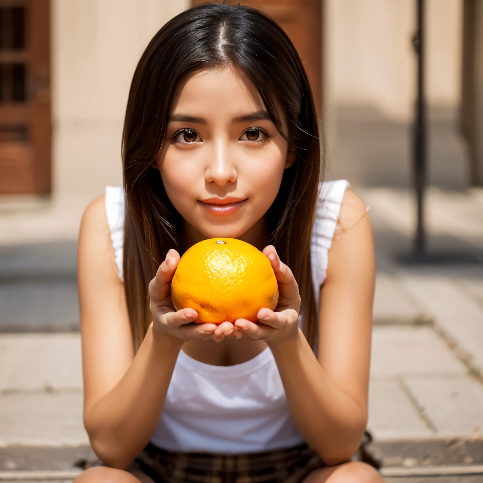A beautiful girl who loves oranges too much