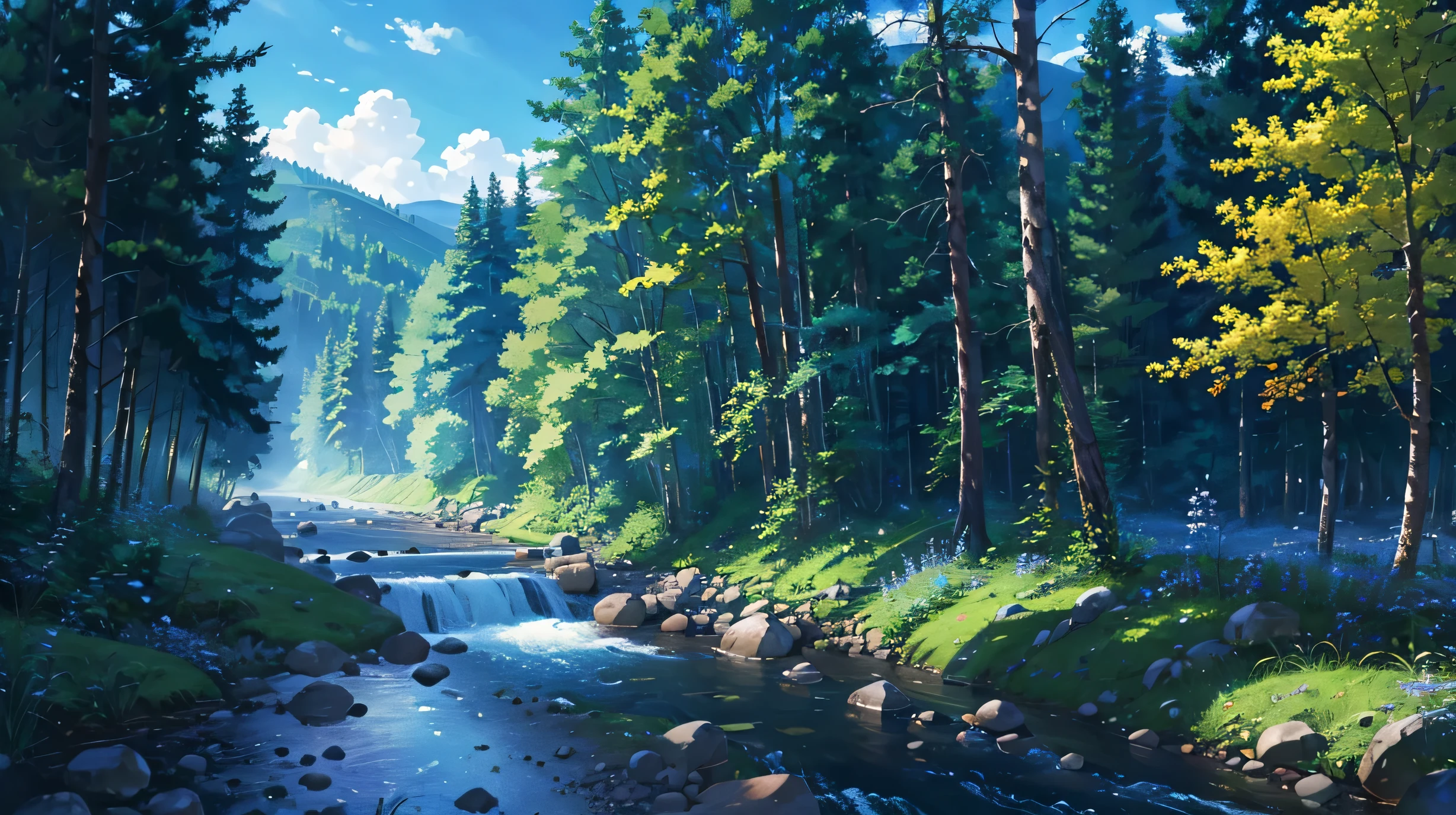 High resolution,High resolution,high quality,landscape,realistic,blue sky,Pass Road,in the forest,stream