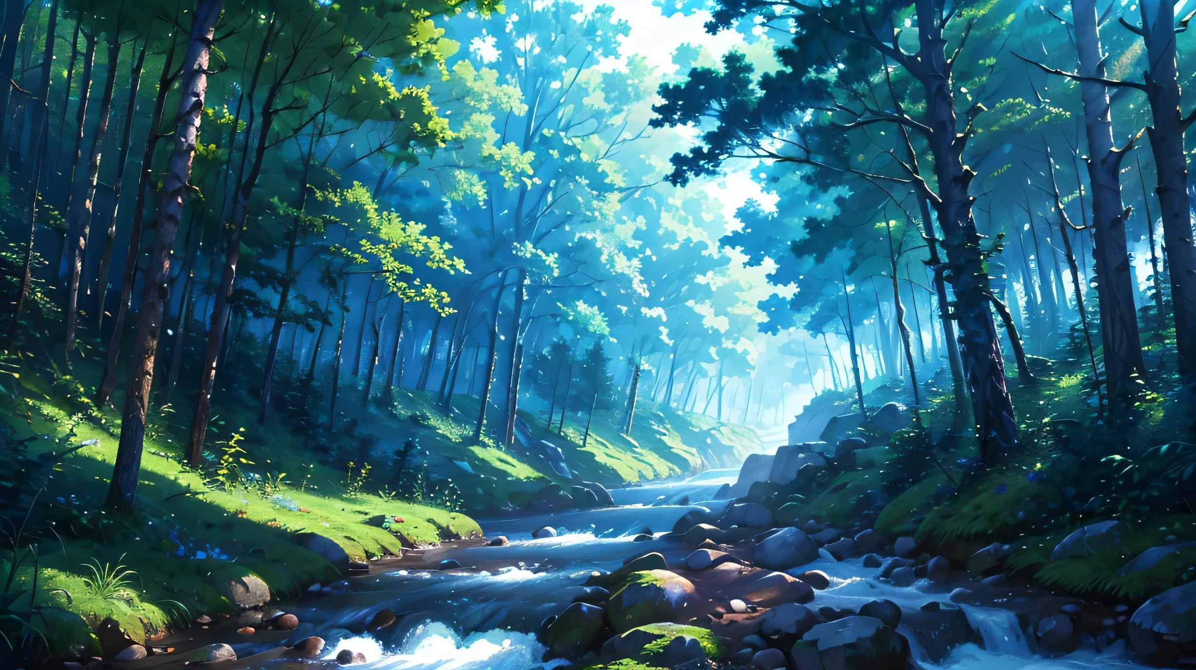 High resolution,High resolution,high quality,landscape,realistic,blue sky,Pass Road,in the forest,stream
