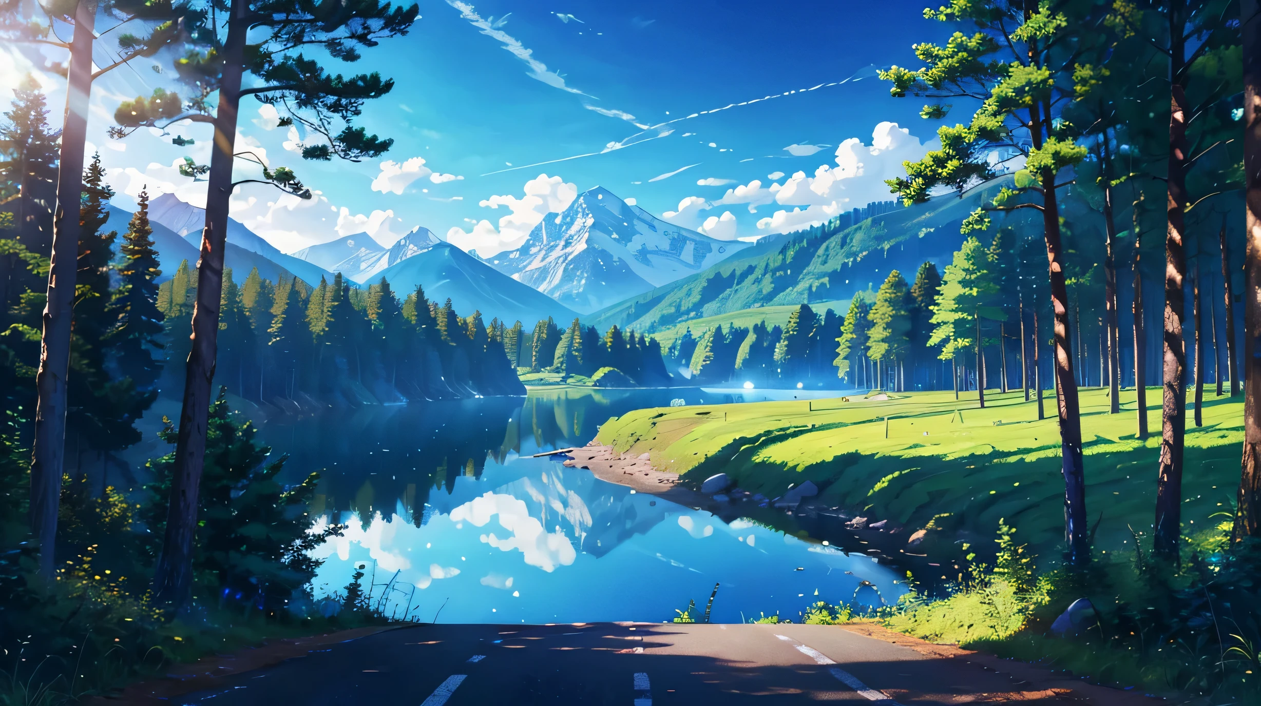 High resolution,High resolution,high quality,landscape,realistic,blue sky,Pass Road,in the forest,lake