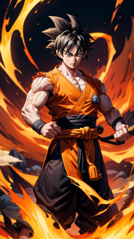 son Goku,Goku face,black orange kimono,hand cross,fuzzy background,angry expression,cartoon,rope tied on his waist, masterpiece,8k resolution , muscular