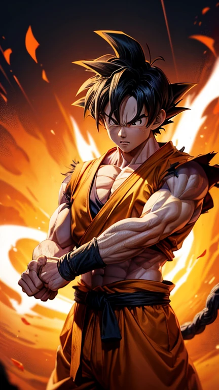 son Goku,Goku face,black orange kimono,hand cross,fuzzy background,angry expression,cartoon,rope tied on his waist, masterpiece,8k resolution , muscular