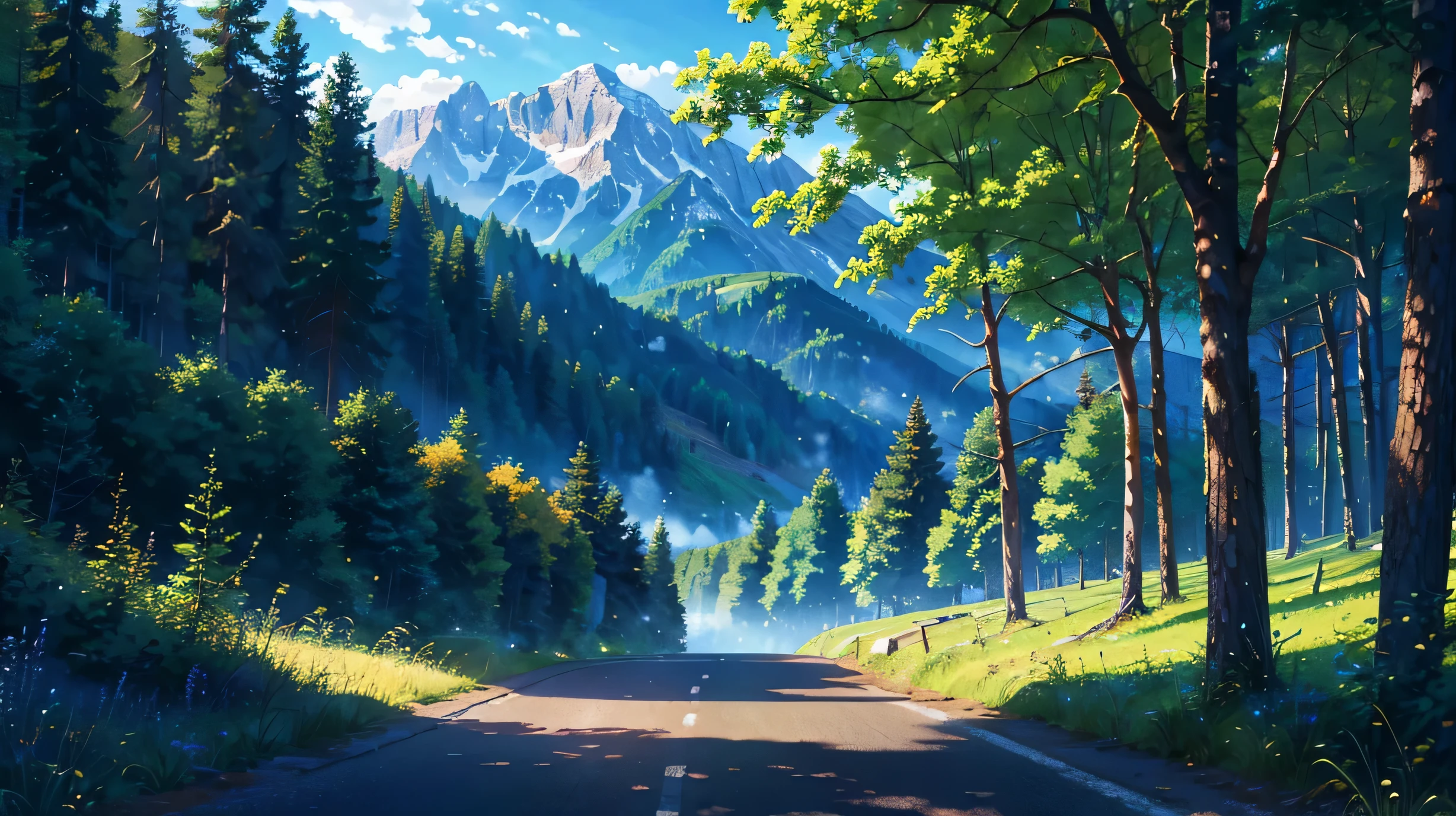 High resolution,High resolution,high quality,landscape,realistic,blue sky,Pass Road,in the forest,lake