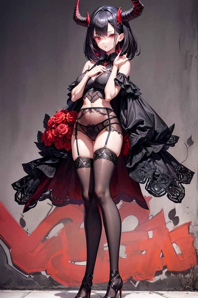 (Beautiful style demon-girl at a demon graffiti urban)), ((black lace pattern cropped top)), (wrinkle skirt), Garter belt and black lace stockings, (red to black gradation hair color), high quality, highly detailed, Full body, Head to toe, clean detailed faces, (((perfect anatomical hands and fingers))), eight-headed body proportions, intricate clothing, high heel shoes, bind hair, cute face, slim waist, nice hips, (long and slender legs)(style anime school xdx)