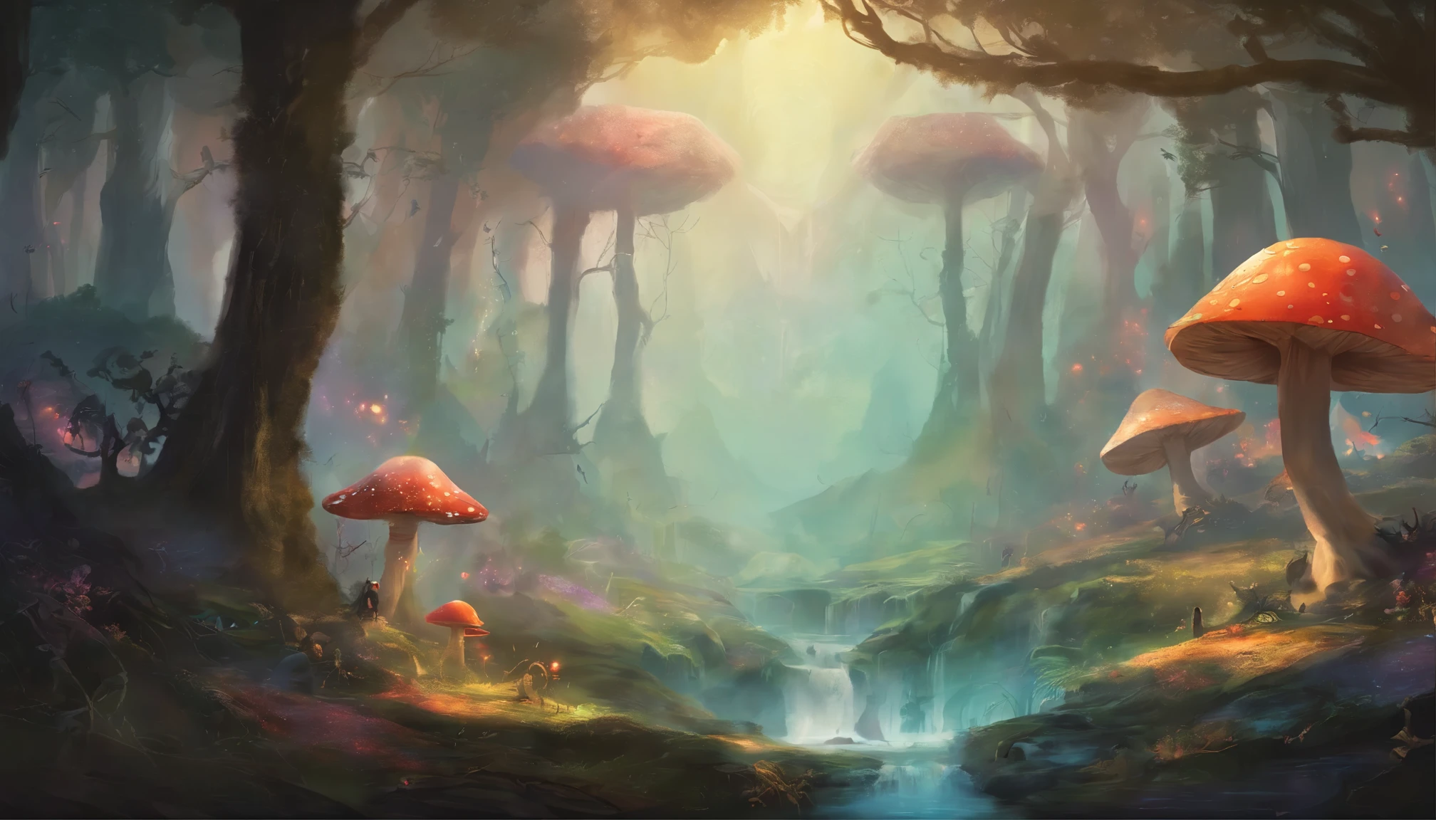 （enchanted forest)，Magical creatures，（Luminous mushrooms），Shining waterfalls，fantasy，Leonora Carrington，a fantasy forest，Hazy perspective，sunlight filtering through the foliage，（Shining sika deer），colorful，assignment，light and shadow effects，khd，master piece，Detailed details，Depth of bounds written