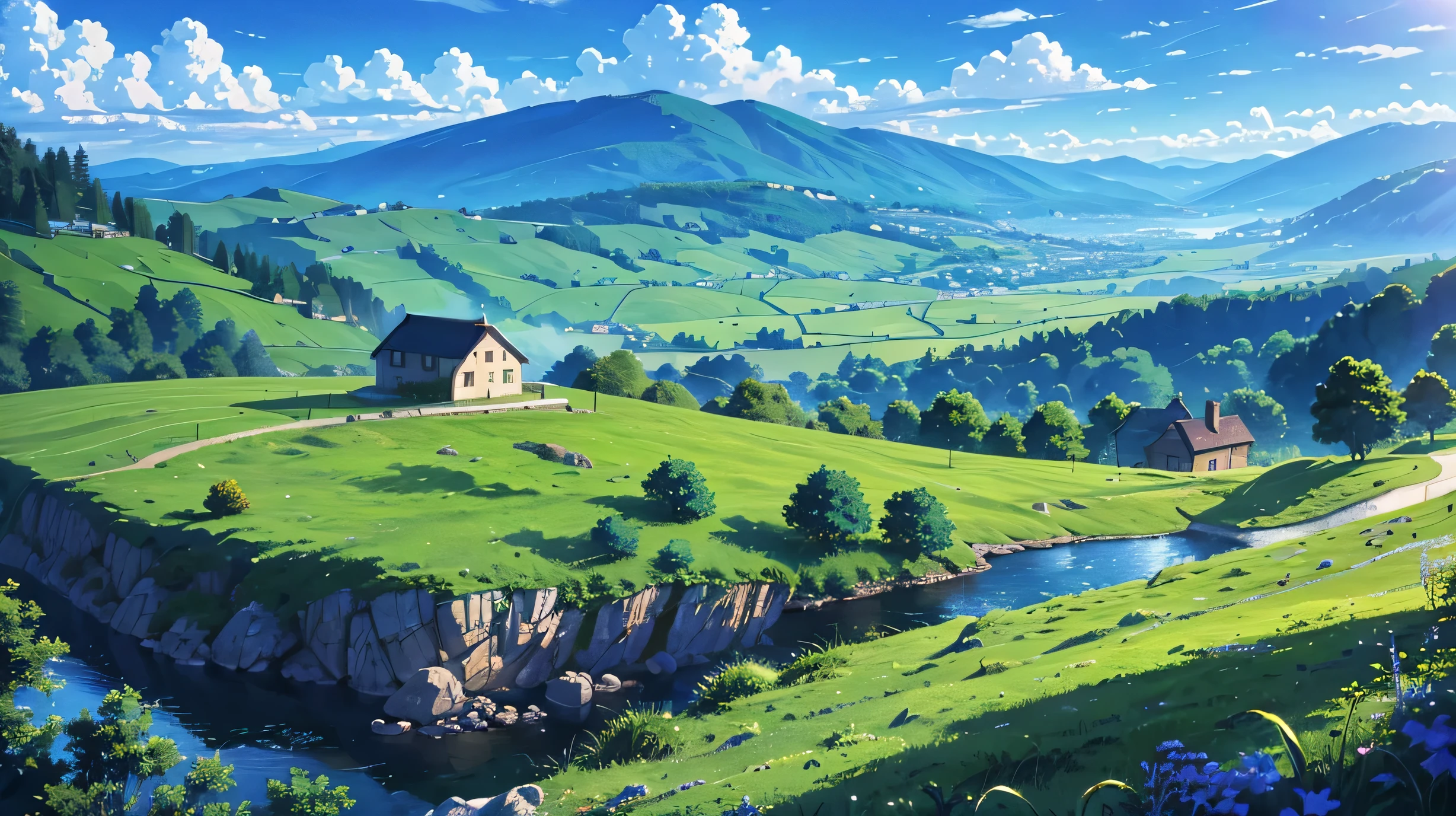 High resolution,High resolution,high quality,landscape,realistic,blue sky,Small hill,private house