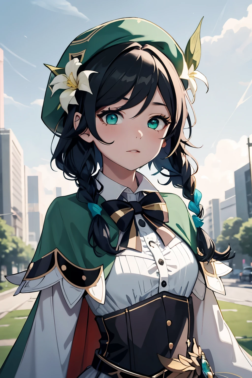 Masterpiece, Best quality,(Night:1.6),1girl, Kizi,breasts,cleavage,Off-the-shoulder attire,Superskirt,Venti (Genshin Impact), Solo, green headwear, Hat, flower, multicolored hair, Long sleeves, Braid, frilled sleeves, lyre, collared cape, Double up braid, beret, shirt, bobbed long hair, flor branca, leafs, Gradient hair, Black hair, bangs, White shirt, frilld, Cape, Corset, Green eyes, Collared shirt, musical note, Holding, Outdoors, view the viewer,(kbxll:0.6)