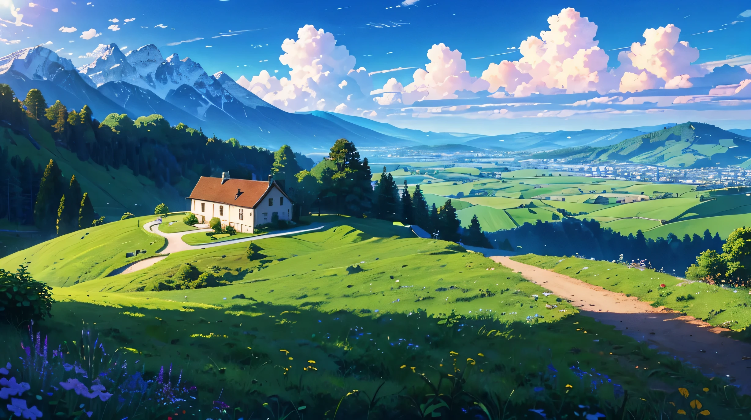 High resolution,High resolution,high quality,landscape,realistic,blue sky,Small hill,private house
