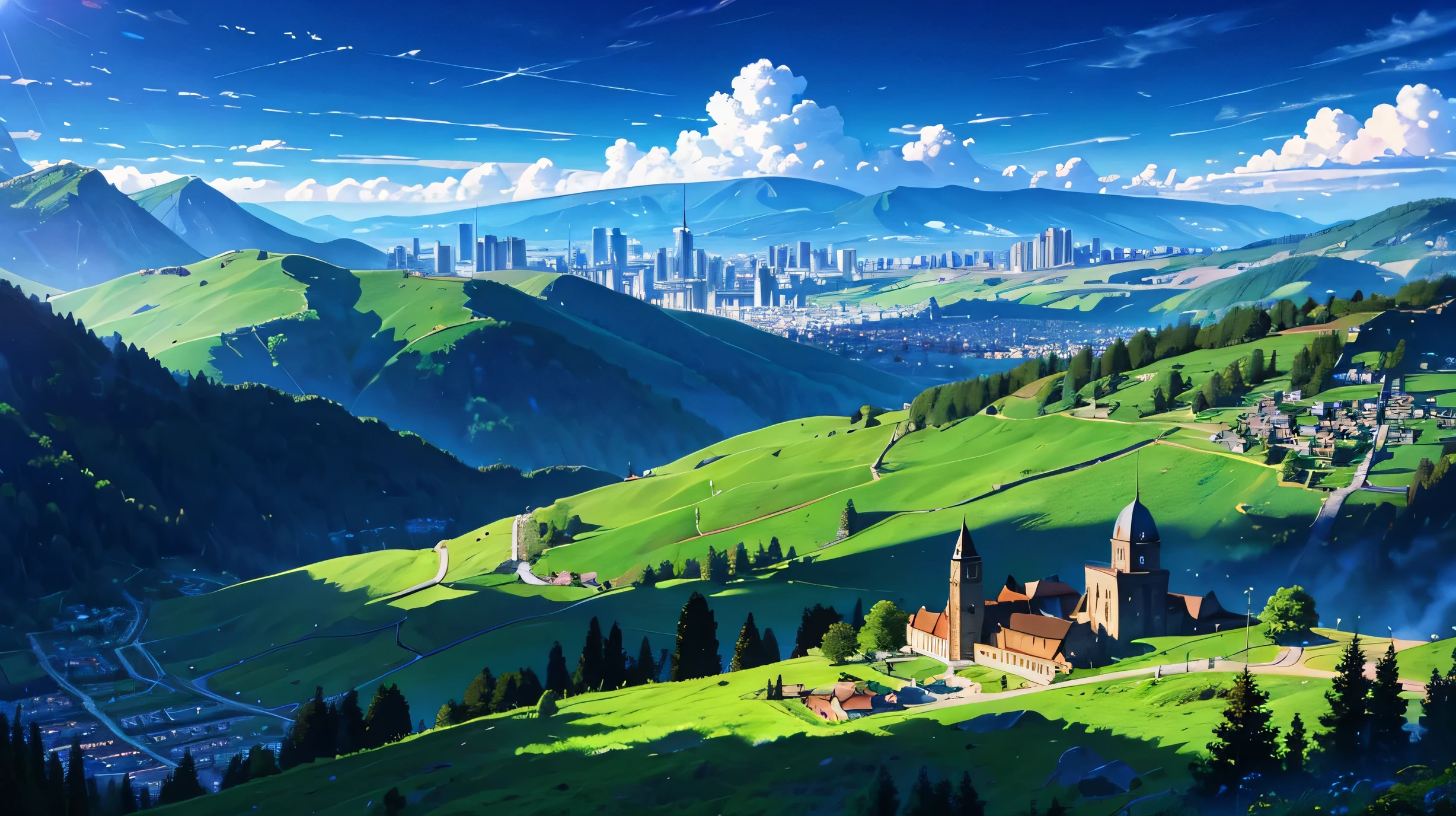 High resolution,High resolution,high quality,landscape,realistic,blue sky,Small hill,cityscape