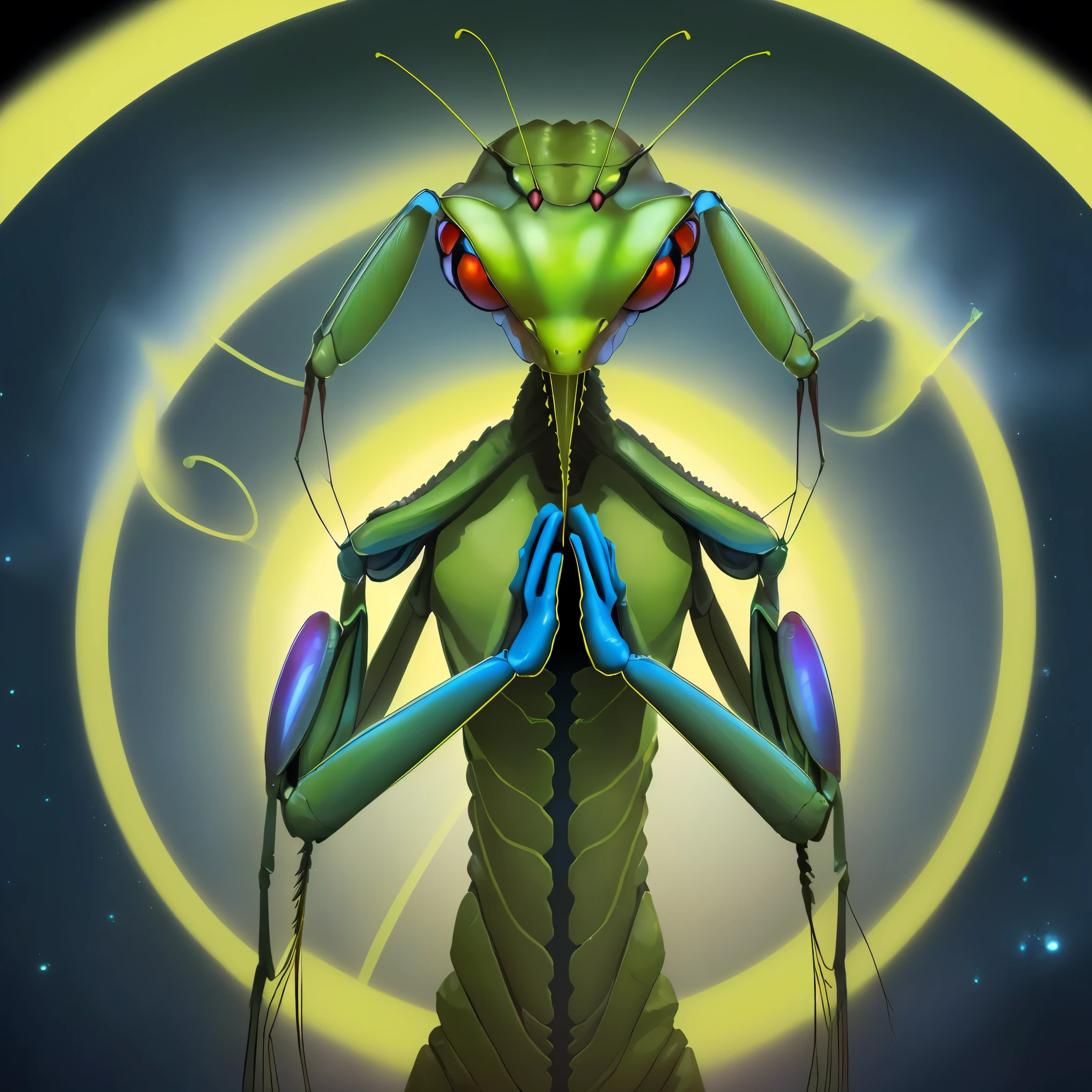 ((humanoid praying mantis)| (extraterrestrial)), Human characteristics, humanoid shape, unique and mysterious, mysteries of universe, eye (deep blue|yellow|green):1.3, exotic texture, intricate details, deep shadow.