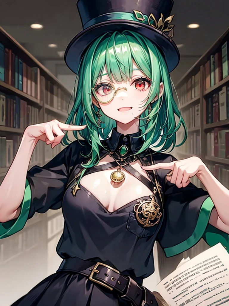 (((masterpiece、Highest image quality、highest quality、highly detailed unity 8kwallpaper)))、((Illustration of one girl、upper body))、(((beautiful girl)))、(librarian)、(Emerald green hair、messy hair、sidelocks:1.2、red eyes、crazy smile)、(((flat chest)))、(((monocle)))、pocket watch、(((Black top hat、Black tuxedo、belt)))、great medieval library、Large amount of books