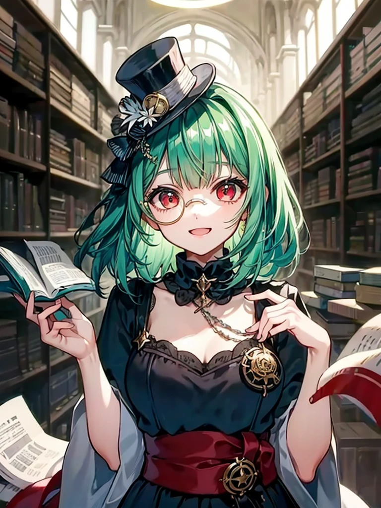 (((masterpiece、Highest image quality、highest quality、highly detailed unity 8kwallpaper)))、((Illustration of one girl、upper body))、(((beautiful girl)))、(librarian)、(Emerald green hair、messy hair、sidelocks:1.2、red eyes、crazy smile)、(((flat chest)))、(((monocle)))、pocket watch、(((Black top hat、Black tuxedo、belt)))、great medieval library、Large amount of books