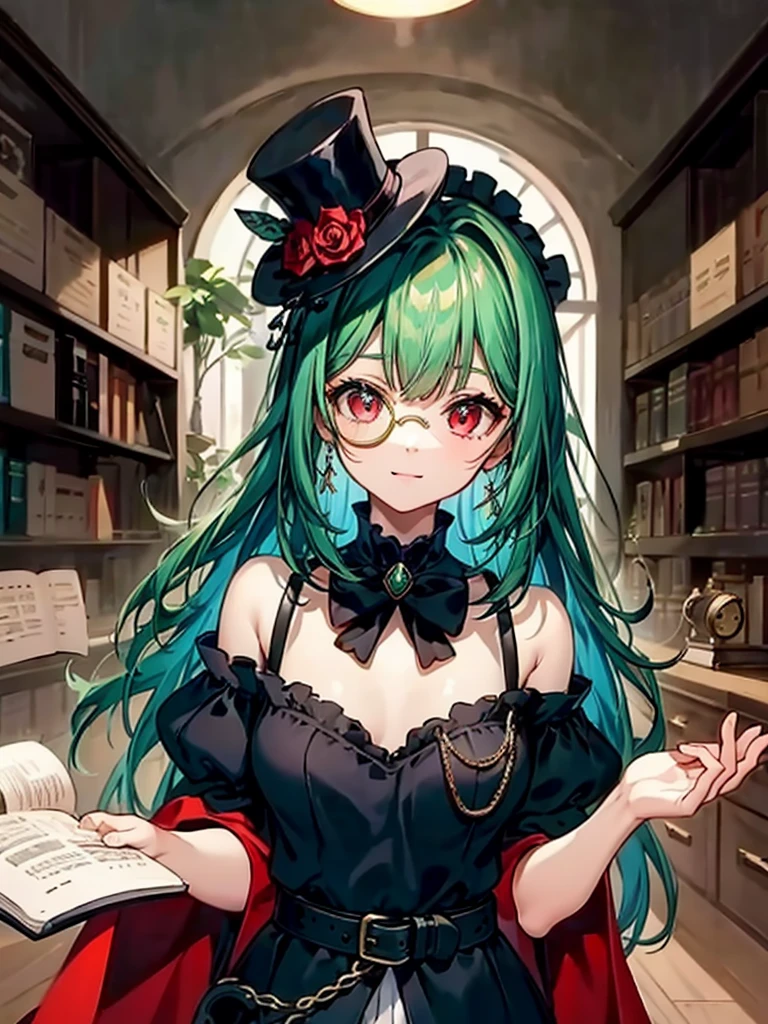 (((masterpiece、Highest image quality、highest quality、highly detailed unity 8kwallpaper)))、((Illustration of one girl、upper body))、(((beautiful girl)))、(librarian)、(Emerald green hair、messy hair、sidelocks:1.2、red eyes、crazy smile)、(((flat chest)))、(((monocle)))、pocket watch、(((Black top hat、Black tuxedo、belt)))、great medieval library、Large amount of books