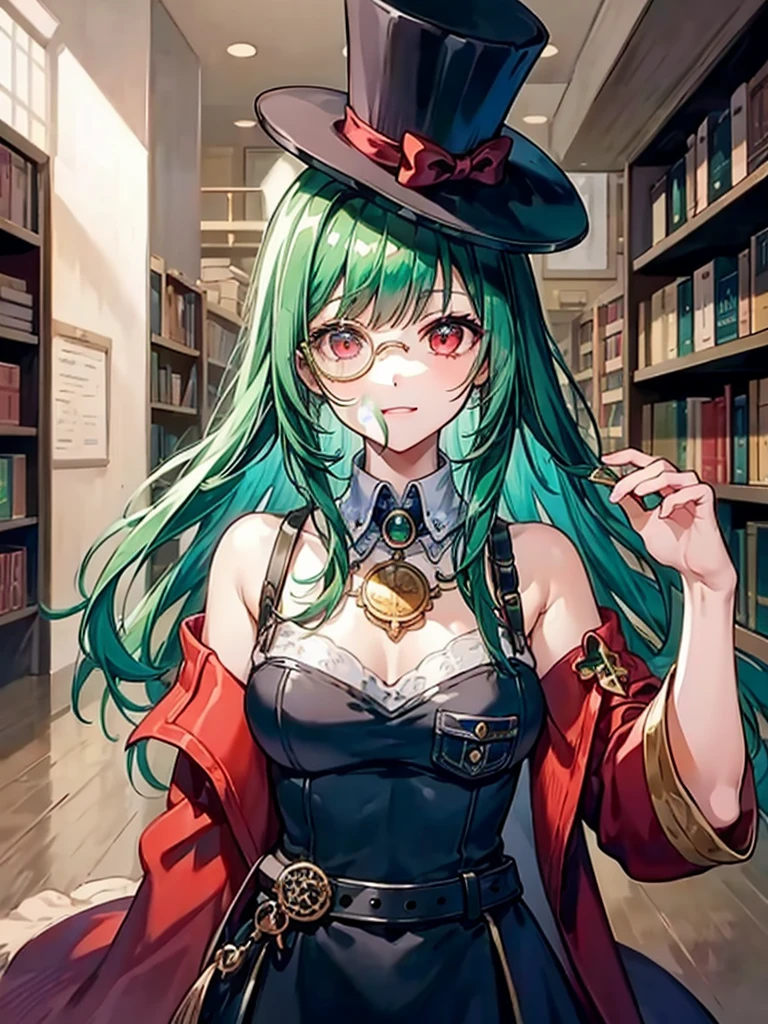 (((masterpiece、Highest image quality、highest quality、highly detailed unity 8kwallpaper)))、((Illustration of one girl、upper body))、(((beautiful girl)))、(librarian)、(Emerald green hair、messy hair、sidelocks:1.2、red eyes、crazy smile)、(((flat chest)))、(((monocle)))、pocket watch、(((Black top hat、Black tuxedo、belt)))、great medieval library、Large amount of books