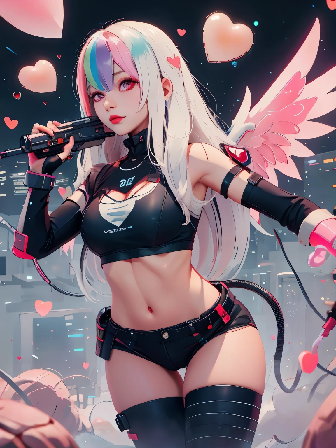 Roxy_Citron_OC,  1girl, solo, red eyes, white hair, rainbow hair, long hair, streaked hair, hair between eyes, Cyberpunk Style, neon, holding weapon, fighting pose, armed girl, cyber girl, dynamic pose, cupidtech, scifi, shoot people with lasers of a love blaster, cupid wings, hearts,
