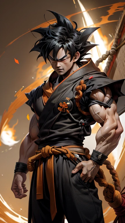 son Goku,Goku face,black orange kimono,hand cross,fuzzy background,angry expression,cartoon,rope tied on his waist, masterpiece,8k resolution , muscular