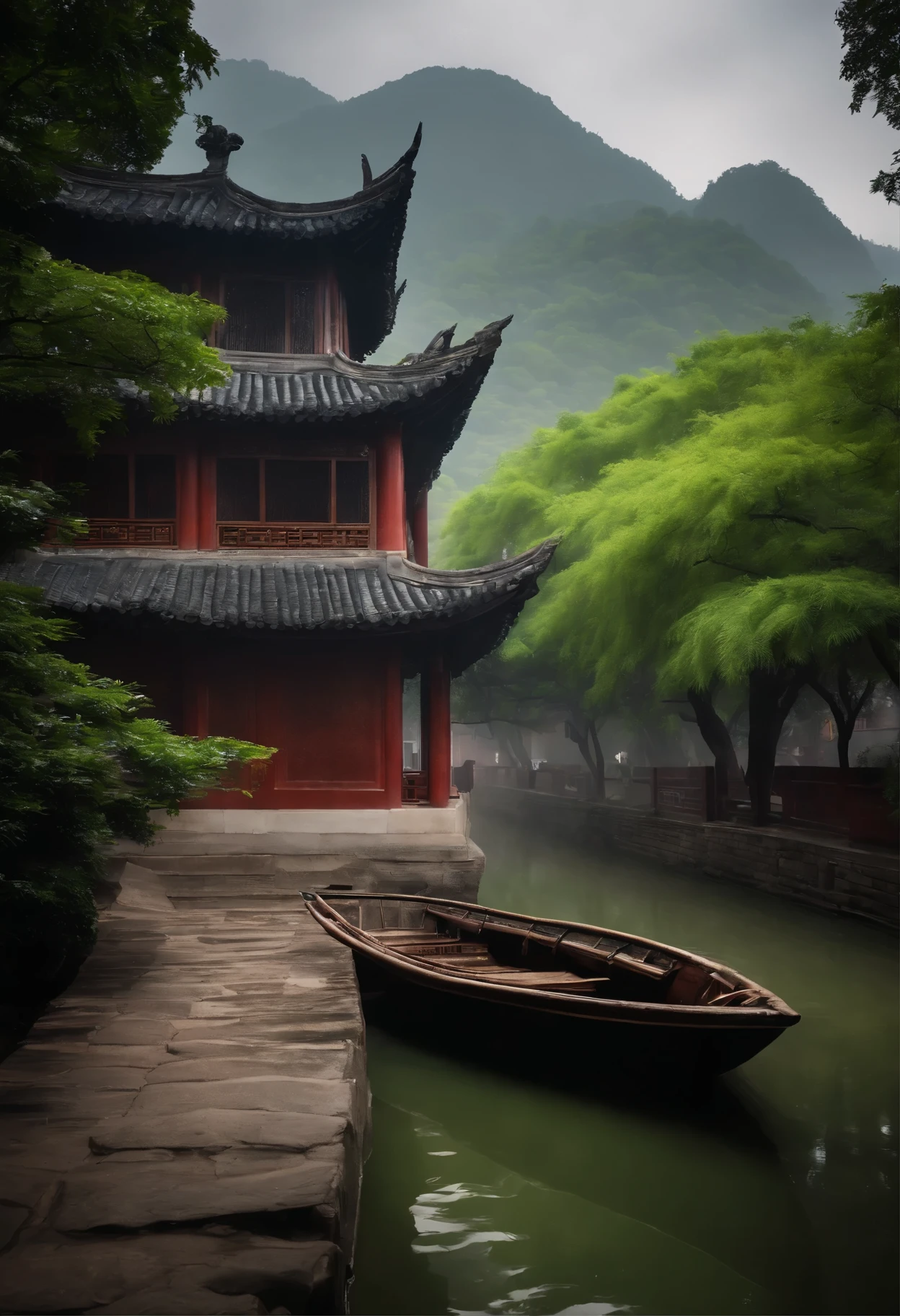 (masterpiece:1.5), highly detailed, ultra-detailed, picturesque Jiangnan scenery with crystal clear and shimmering emerald green river, gently swaying small boat, wet brick stone path amid misty drizzle, drifting down the poetic Taihu Lake with raindrop ripples over the water surface. The surrounding distant mountains shrouded in mist and enveloped by the hug of green hills, while white clouds float idly by as traditional Chinese-style buildings adorn the picturesque landscape.