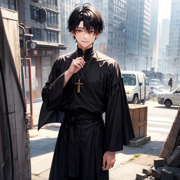 black hair、short hair、a cassock、cool、slum、vortex、bell、(male)、tall、fearless smile、pants