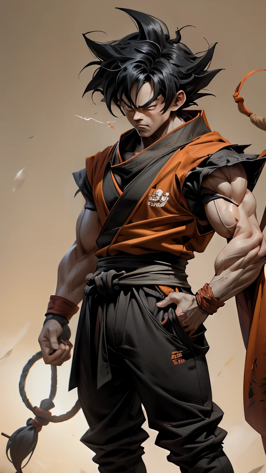 son Goku,Goku face,black orange kimono,hand cross,fuzzy background,angry expression,cartoon,rope tied on his waist, masterpiece,8k resolution , muscular