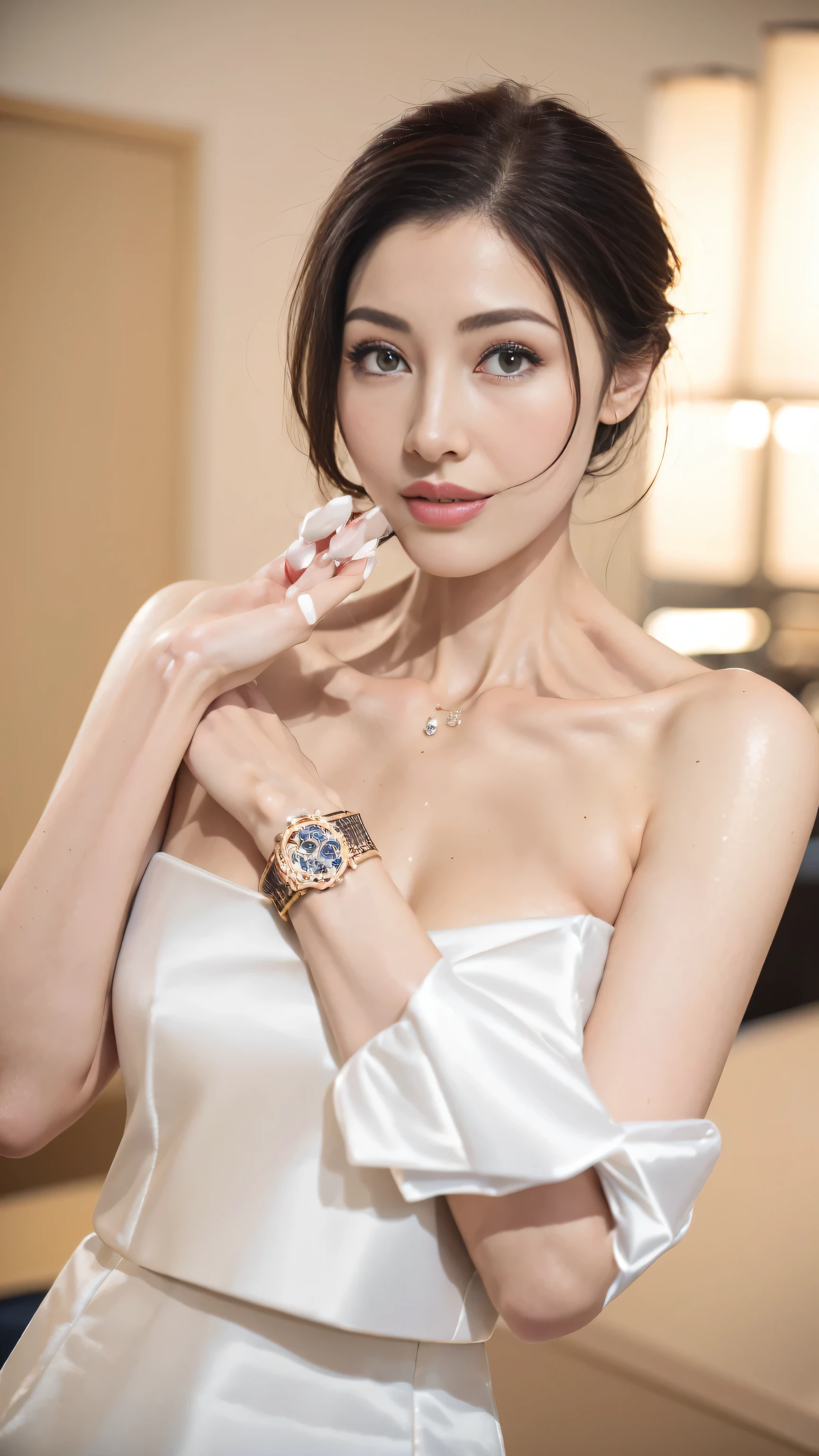 (best quality,4K,8k,high resolution,on the table:1.2),super detailed,actual,beautiful woman,exquisite eyes,Detailed lips,The facial details are particularly rich,long eyelashes,luxury shopping mall,Latest fashion items,a happy expression,(saluting),bright colors,studio lighting