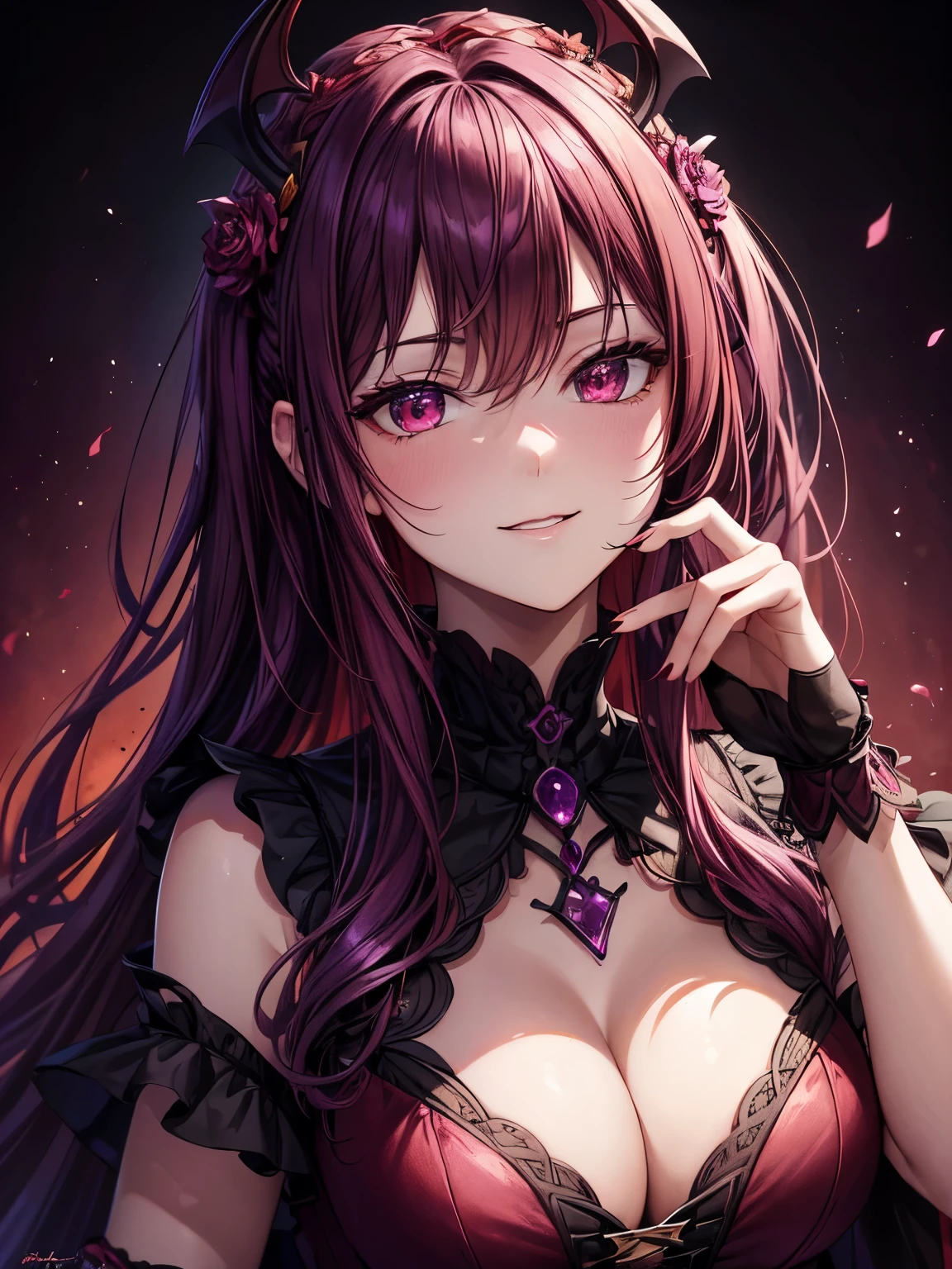 best quality,4K,High Resolution),ultradetailliert,realistisch,portrait, purple with dark red hair succubus in a purple and dark red spring dress with gold embellishments, leuchtende Farben, delicate features, seductive glance, charming smile, wallende Haare, Sanfte Beleuchtung