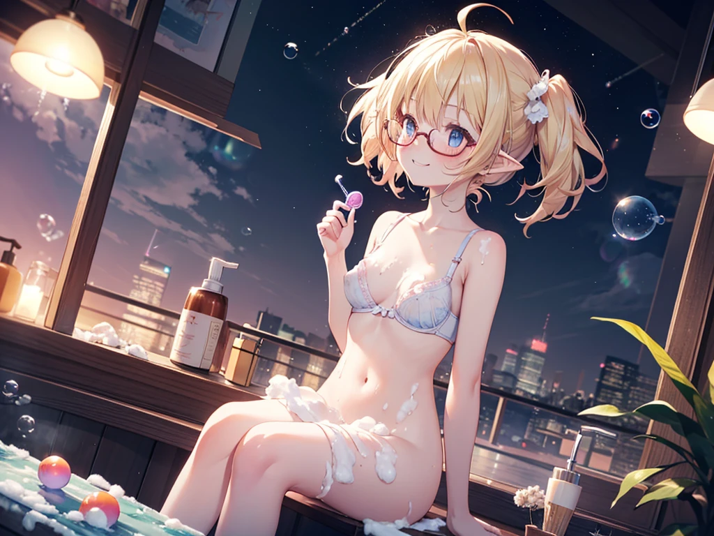 ultra detailed, best quality, high resolution, beautiful, 8k, pale skin, , (glossy blonde hair), (very short hair), blue eyes, (ahoge:1.3), ((girl:0.5)), (((solo))), ((glasses:1.3)), ((pointy ears)), (blush:1.3), ((single short braid:0.8)), ((happy smile:1.3)), ((sitting:1.5)), (pretty bra), ((watercolor)), ((soap bubble:1.3)), ((night)), (windy:1.5), ((looking up:1.5)), ((looking away:1.5)), ((short twintails)), ((pretty panty)), ((nsfw)), show off nipple
