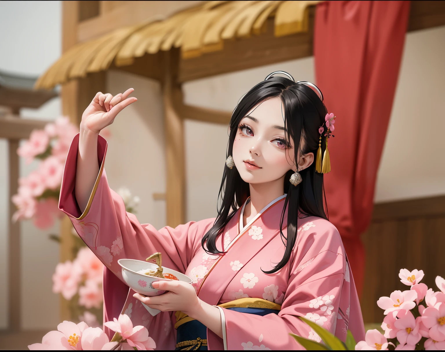 Wearing a light pink yukata、Food stalls in the background、Background blur、smile