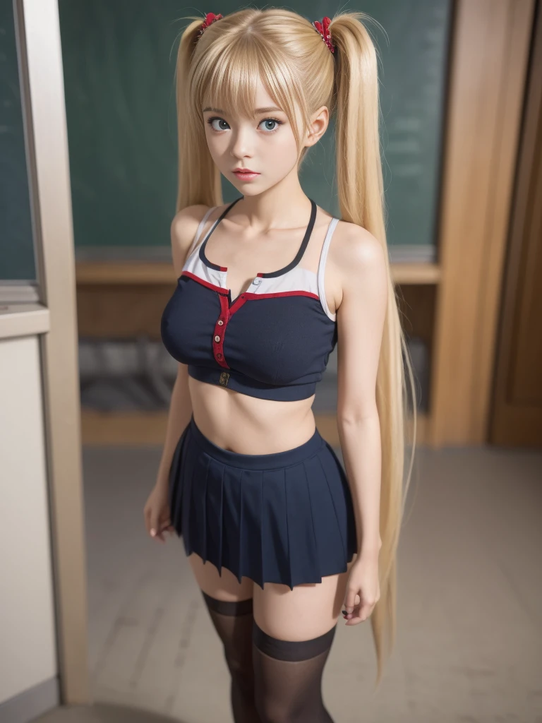 (8K、Raw photography、top-quality、​masterpiece:1.2, intricate details)、(realisitic、Photorealsitic:1.37)、ultra-detailliert、超A high resolution、(realismo: 1.4), solo 1girl blonde, angry, 25yo, akizuki airi, Glowing big bright light blue eyes, natural blonde hair, long twintails, very_long_hair, she is wearing it in her hair_ornament red, hair_scrunchie red, medium_breasts, akizuki airi, BREACK, (indoor, classroom,) School Uniforms, Long shirt with white buttons, open shirt, you can see her chest, navel, pleated red skirt, black thigh-high stockings, full body
