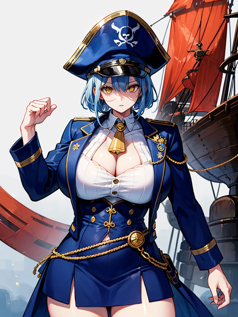(((masterpiece、Highest image quality、highest quality、highly detailed unity 8kwallpaper)))、((Illustration of one girl、upper body))、(((beautiful girl)))、(female pirate)、(Light light blue hair、short ponytail:1.2、yellow eyes)、((tall))、(((muscle girl, muscle, bulky figure, massive frame, thick neck, sturdy arms, powerful legs)))、(captain's suit、Pirate hat、Blue coat)、Pirate ship deck