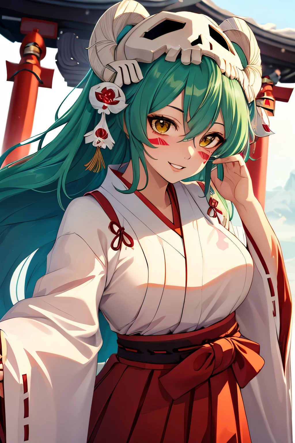 master piece, best quality, 8k, ultra high resolution, highest quality, anime style, best writing, beautiful face, solo, one girl, Nelliel orders Schwank, green hair, long hair, yellow eyes, Large skull, (Face mark), smile, parted lips, Happy, (Miko costume:1.3), (red hakama:1.3), extremely close face, shrine